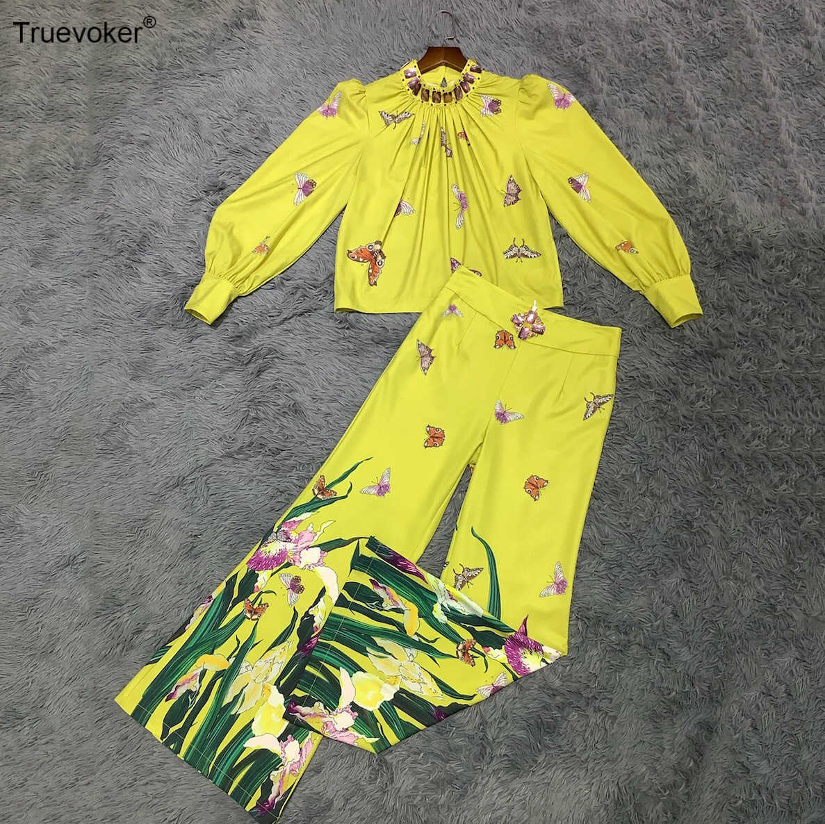 

Truevoker Spring Runway Fashion Two Piece Suit's Full Sleeve Diamond Tops With Long Pant Casual Sets 210602, Yellow