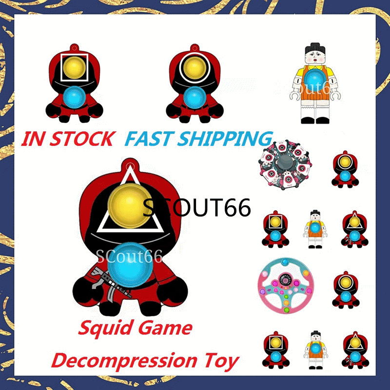 

Squid Game Push Its Pops Bubble Fidget Toy favors Masked Man Doll Resin Handmade Spinning top For Decoration Korea Squids Games Round Six Movie Figure Resins Toys good