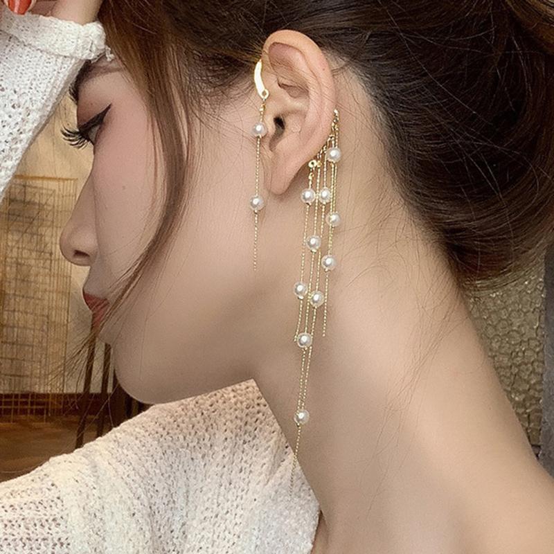 

Dangle & Chandelier Vintage Pearl Tassel Ear Wrap Crawler Earrings For Women Party Non-Piercing Long Hanging Hook Wedding Jewelry