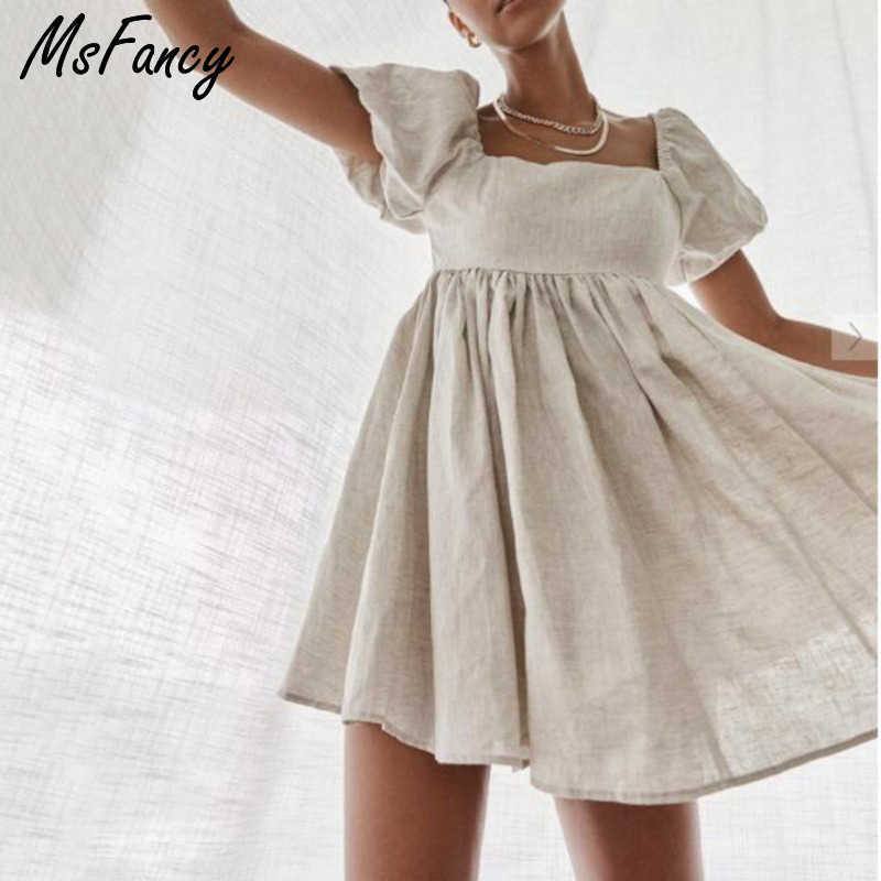 

Msfancy Summer Cotton Mini Dress Women Square Collar Puff Sleeve Vestido De Mujer Boho Casual Robes 210604, Green