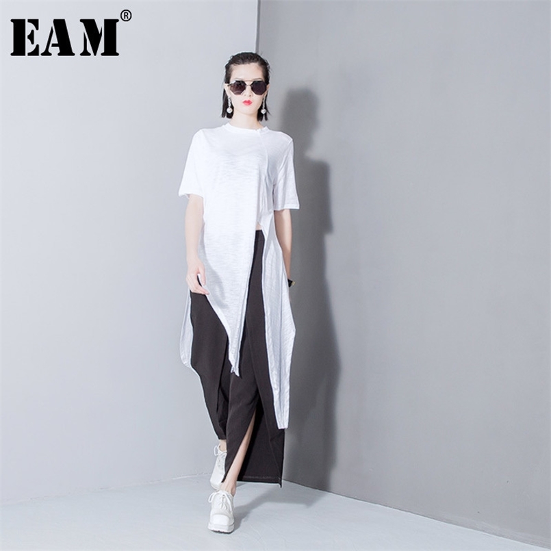 

[EAM] Women White Solid Color Asymmetrical Vent Long T-shirt Round Neck Short Sleeve Fashion Spring Summer T298 210708