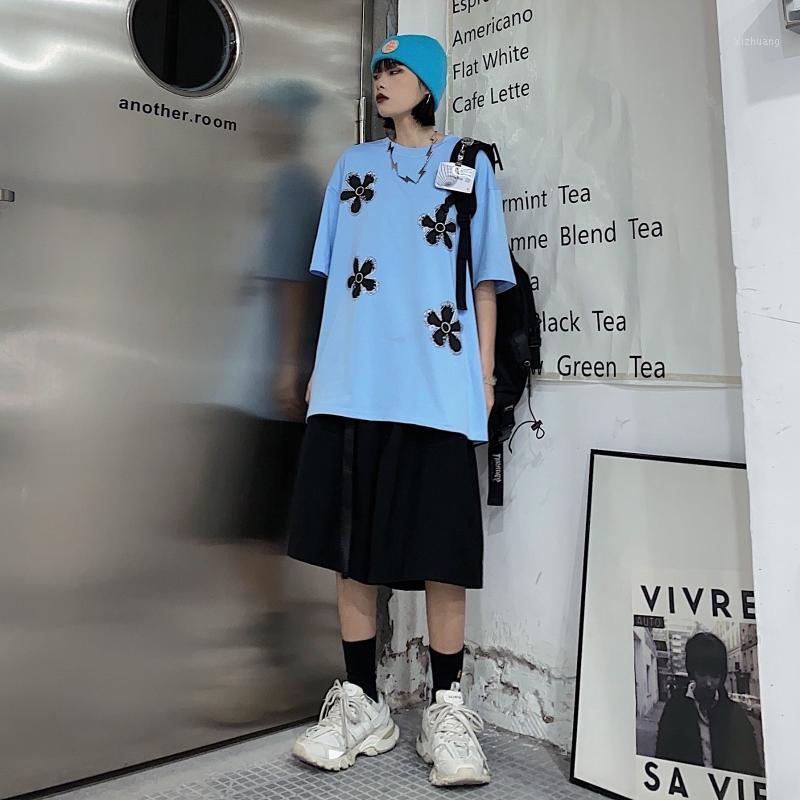 

Women's T-Shirt 2021 Summer Korean Ulzzang Harajuku BF Style Flower Print Loose Short Sleeve Men And Women Ins Fashion, Sky blue