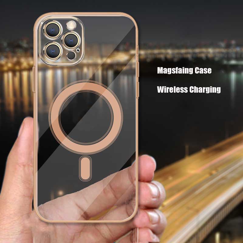 

Luxury Gold Plating Magnetic Magsafing Phone Case for iPhone 12 Pro Max 12 Mini Transparent Silicone Cover for iPhone 11 Pro Max, Silver