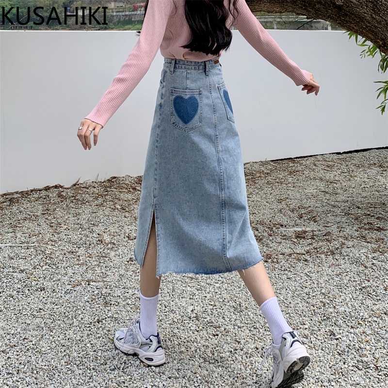 

KUSAHIKI Summer Demin Woman Skirts Causal Korean High Waisted Jeans Skirt Fashion Love Heart Pockets Mujer Faldas 6J556 210602, Light blue