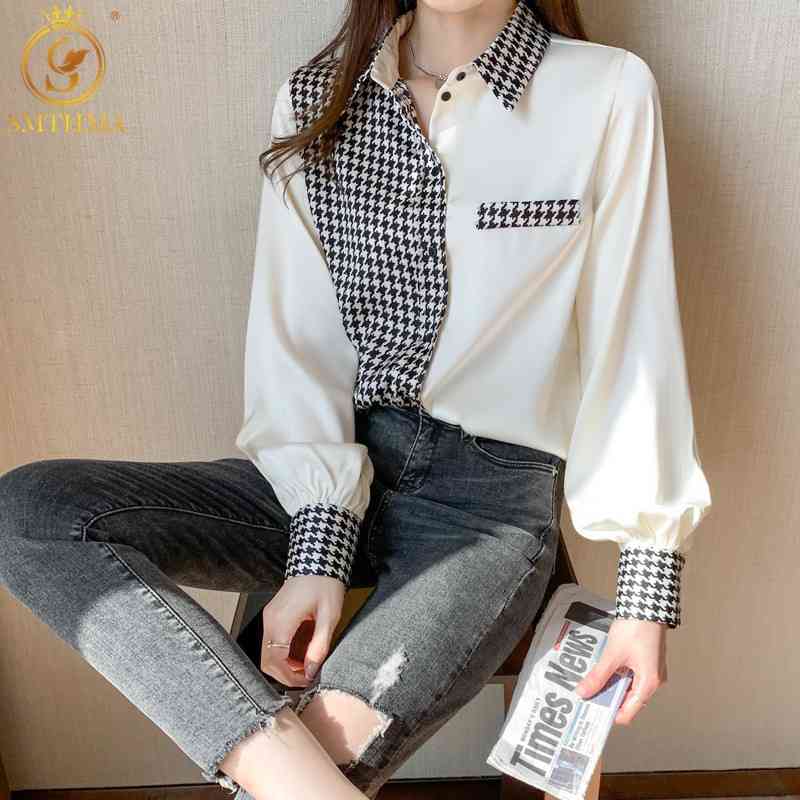 

Fashion Houndstooth Women' Shirt Lapel Long Sleeve Spring High Street Style Patchwork Tops 210520, Picture color