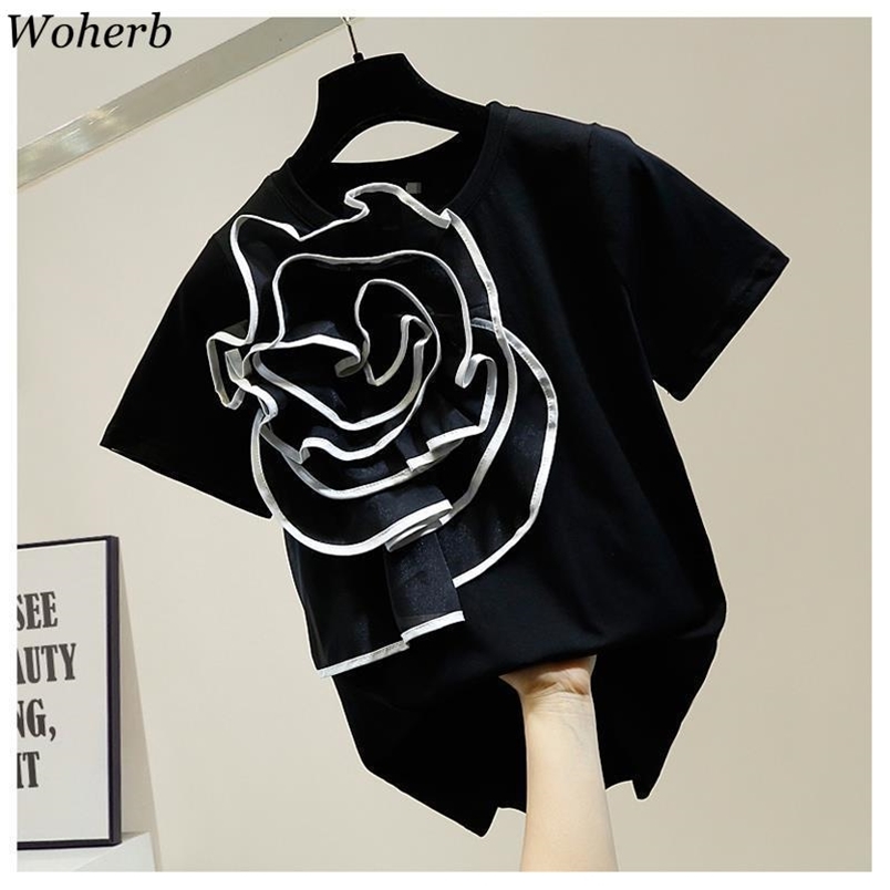 

Flower Ruffle T-shirt Female Summer Japanese Loose Black White Tee Fashion Women Tops T Shirt Elegant Chic 210519