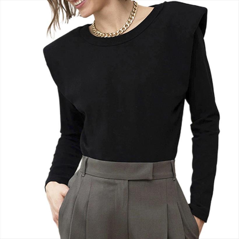 

spring autumn fashion women shirt long sleeve shoulder pads solid color blouse for work daily wear, White