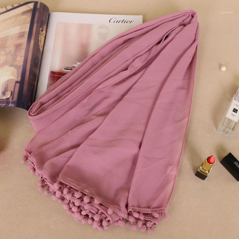 

Scarves Women Pom Bubble Chiffon Hijab High Quality Plain Ball Edges Shawl Muslim Scarves&wraps Headband Head Scarf 20 Colors, Blue;gray