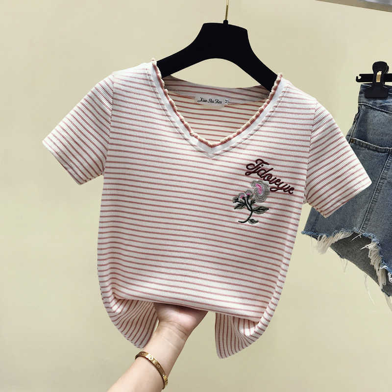 

Embroidery T-Shirt Cotton Striped V Neck T Shirt Women Ladies Tshirt Summer Top Female Short Sleeve Casual Tee Shirt Femme 210604, Pink