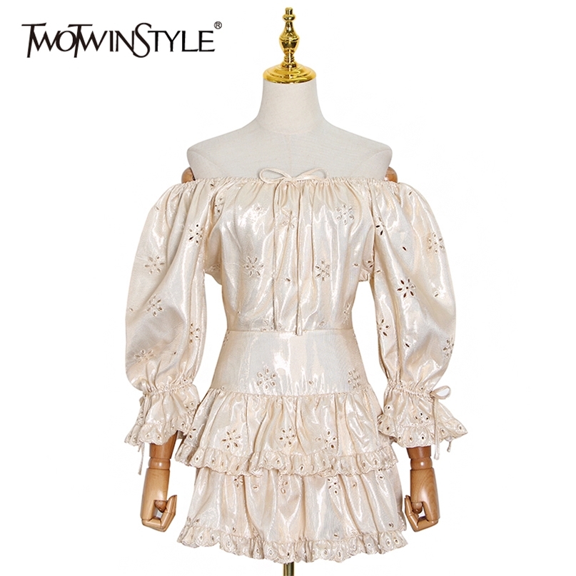 

Elegant Ruffle Lace Up Bowknot Dress For Women Slash Neck Flare Sleeve High Waist Embroidery Sexy Dresses Female 210520, As picture