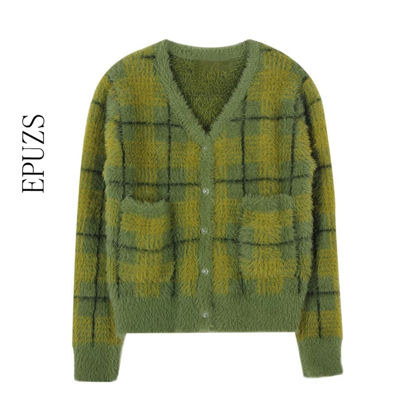 

Vintage warm Green Plaid Cardigan women knitted sweater With Front Button Women Cropped Sweater 210521