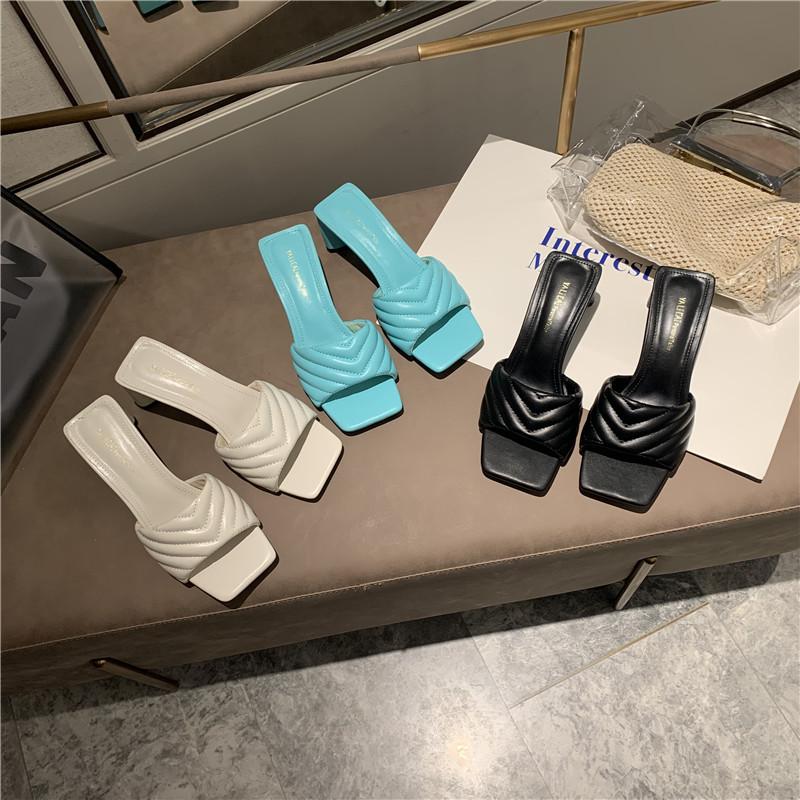 

Slippers ZaShoes2021 Leather Word With Blue-green Fashion Personality High-heel Square Toe Sandals Large Size Ladies, Sky blue