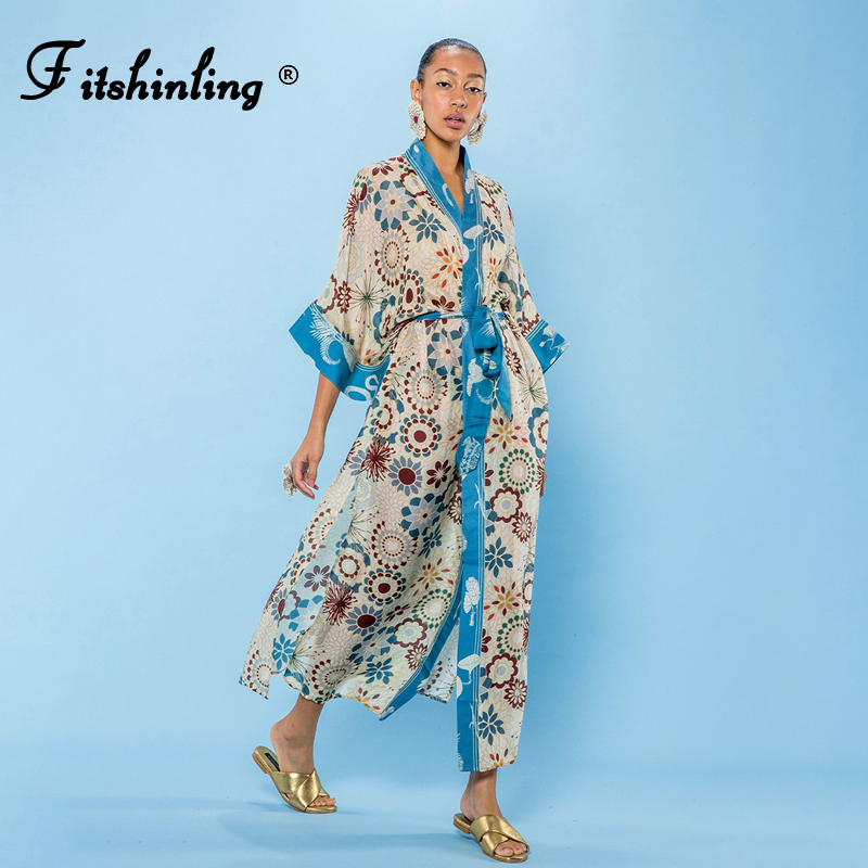 

Fitshinling Vintage Bohemian Beach Kimono 2021 Print Floral Slim Cover Up Sashes Summer Sexy Saida de Praia Long Cardigan Women