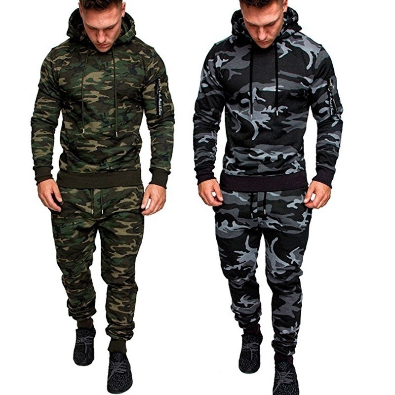 

QNPQYX New Camouflage Printed Men Set Fashion Jacket Men 2Pcs Tracksuit Sportswear Hoodies Sweatshirt Pants Joggers Suit, Black