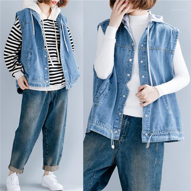 

Fashion Loose Large Size Women's Casual Denim Vest Jacket Korean Spring Autumn Hooded Sleeveless Jeans Coat Female Aq084 Vests, Blue