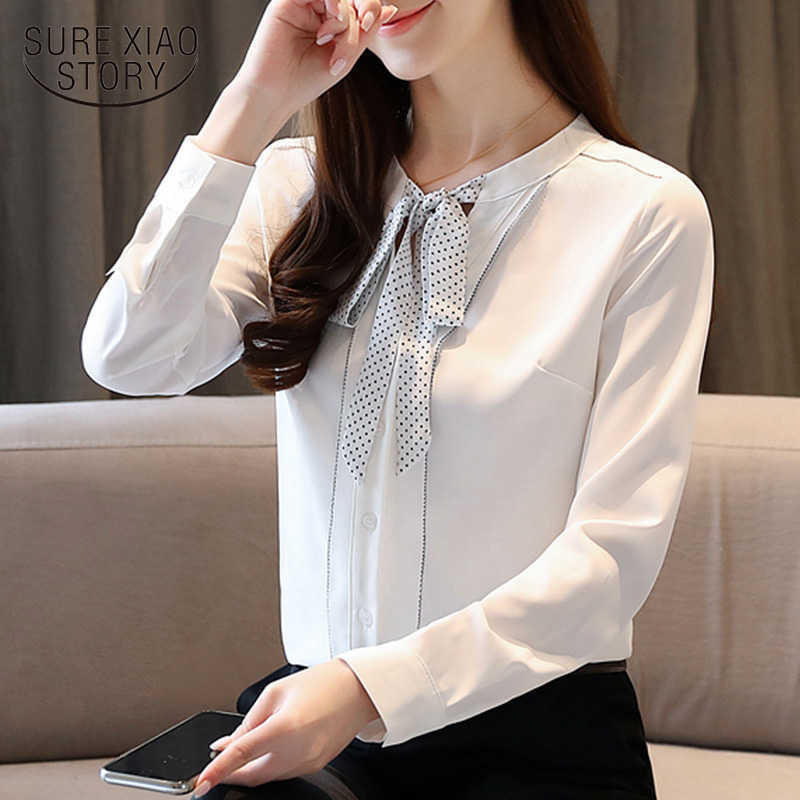

Spring Elegant Long Sleeve Solid Women Clothes Office Lady Bow Chiffon Blouse Women Cardigan Shirts Lady' Tops 8486 50 210527, White