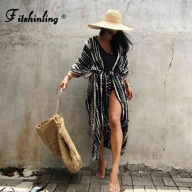 

Fitshinling Summer Vintage Kimono Swimwear Halo Dyeing Beach Cover Up With Sashes Oversized Long Cardigan Holiday Sexy Covers 210722, Red