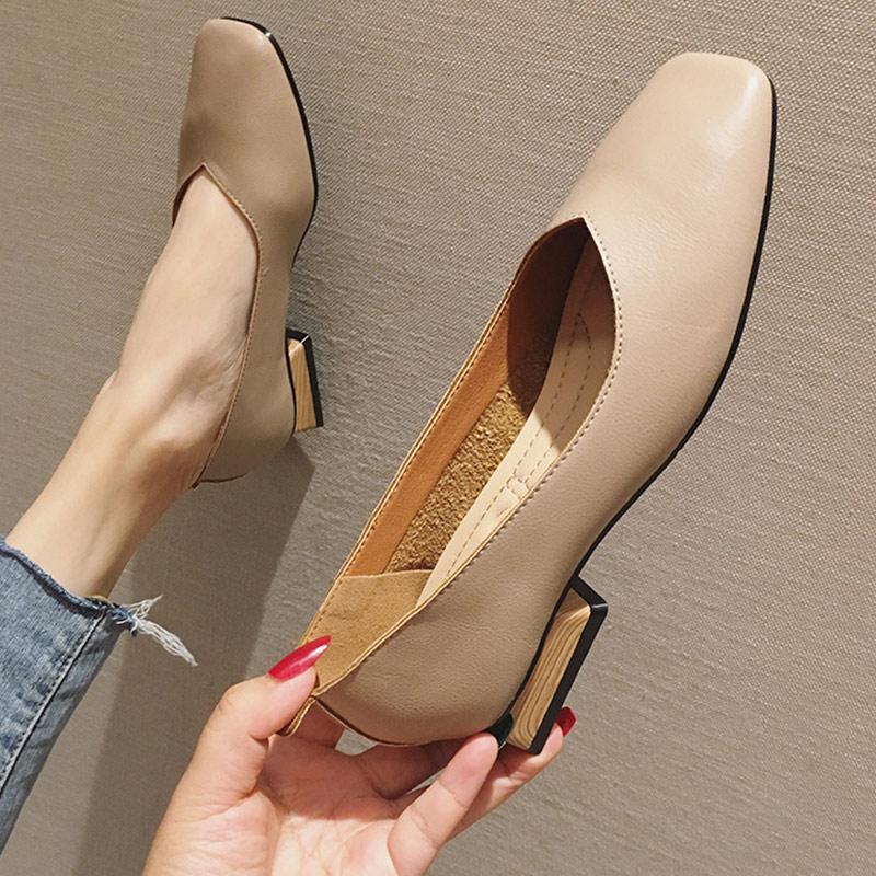 

Dress Shoes Leather Low Heel Ladies Wooden Ballet Square Toe Shallow Drop Women Buckle Brand Pumps Woman Slip On Female, Black