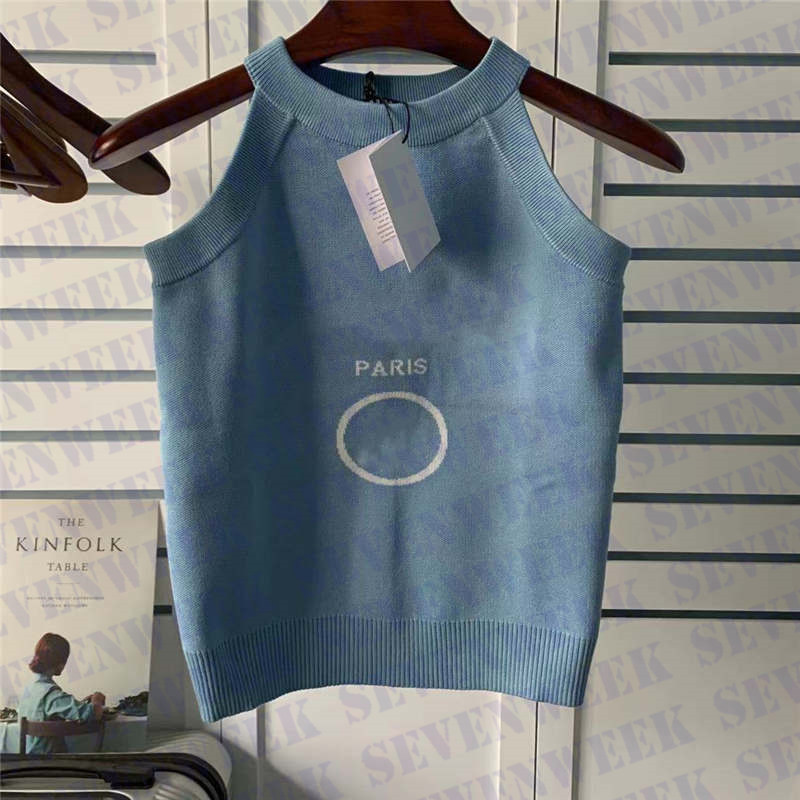 

Designers Womens Fashion T Shirts Tees Clothing Jacquard Letter Knits Vest Summer Sleeveless Women Tshirt, Blue