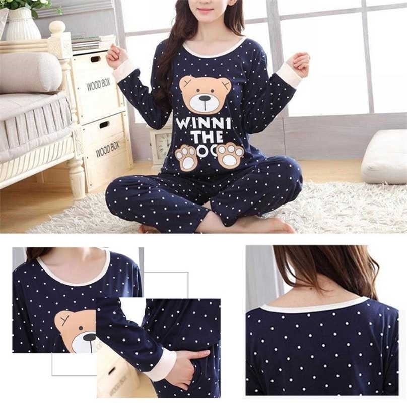 

Women Long Sleeve Bear Print Tops And Pants Wave Point Pajamas Set Sleepwear 211109