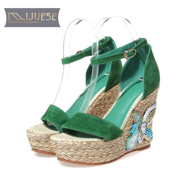 

Dress Shoes MLJUESE 2021 Women Sandals Kid Suede Floral Green Color Ankle Strap Wedges Fisherman Platform Beaches, Black
