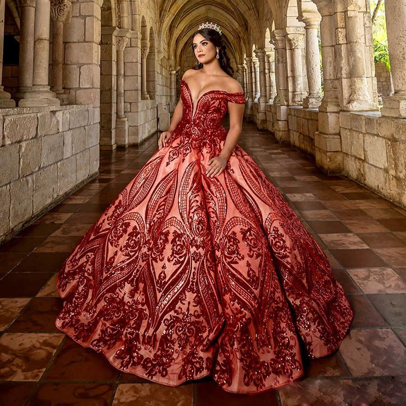 

Sparkly Sequined Red 2021 Quinceanera Dresses Off The Shoulder Lace Sweet 16 Dress Sleeveless Ruffles Pageant Gowns vestidos de 15 años, Hunter