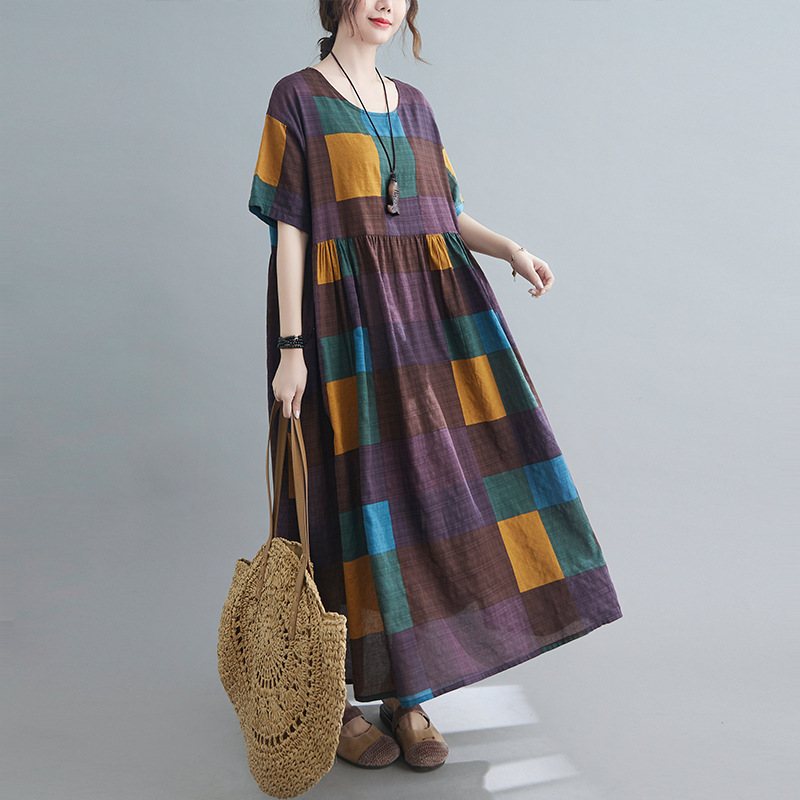 

Johnature Vintage Plaid Plus Size Summer Dresses O-Neck Casual Half Sleeve Loose Women Ankle-length Dresses 210521, Purple