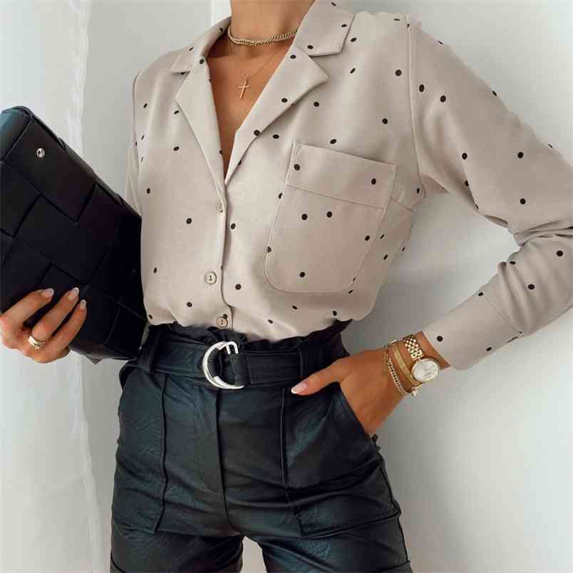 

Casual Polka Dot Women' Shirt Long Sleeve Turn-down Collar Solid Office Lady Tops Fashion Elegant Pocket Streetwear Blouse 210831, Khaki