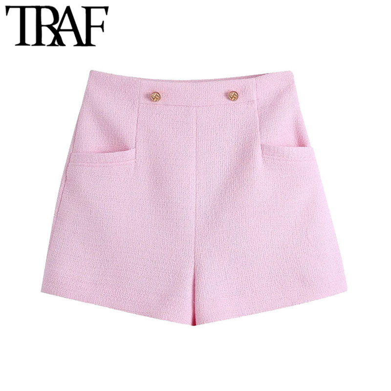 

TRAF Women Fashion With Metal Buttons Tweed Bermuda Shorts Vintage High Waist Back Zipper Female Short Pants Mujer, As picture