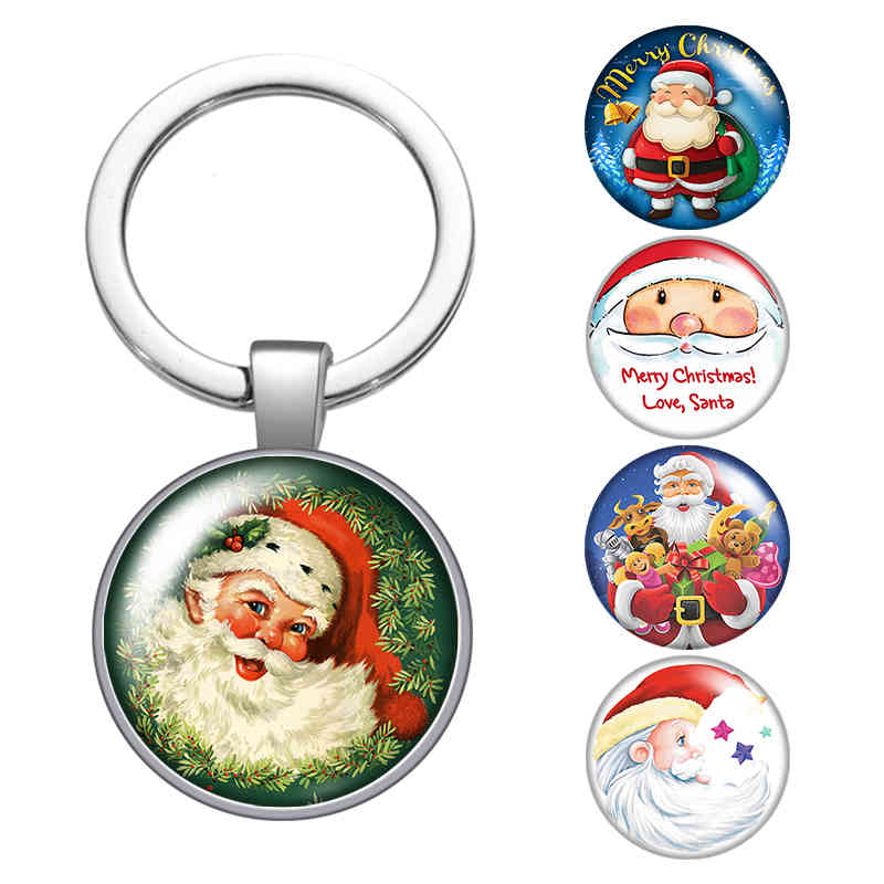 

Santa Claus Merry Christmas Gift Glass Cabochon Keychain Bag Car Key Chain Ring Holder Silver Plated Keychains Men Women Gifts