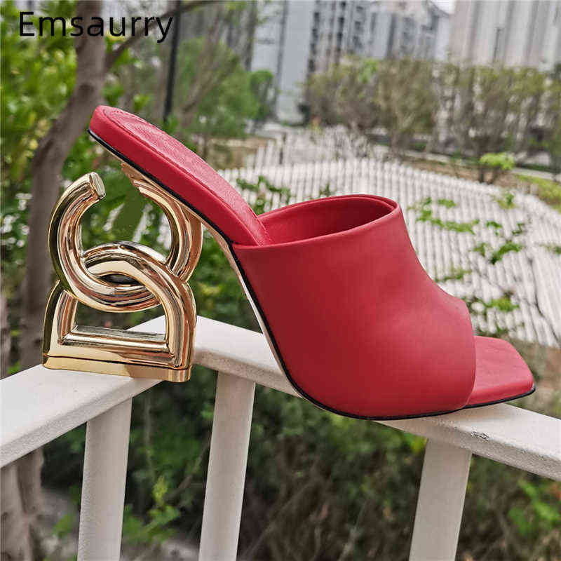

Unique Metal Letter Strange Heel Mules For Girls Genuine Leather Peep Toe Slingbacks Slip-on Summer Sandals Women Y220211, Green leather