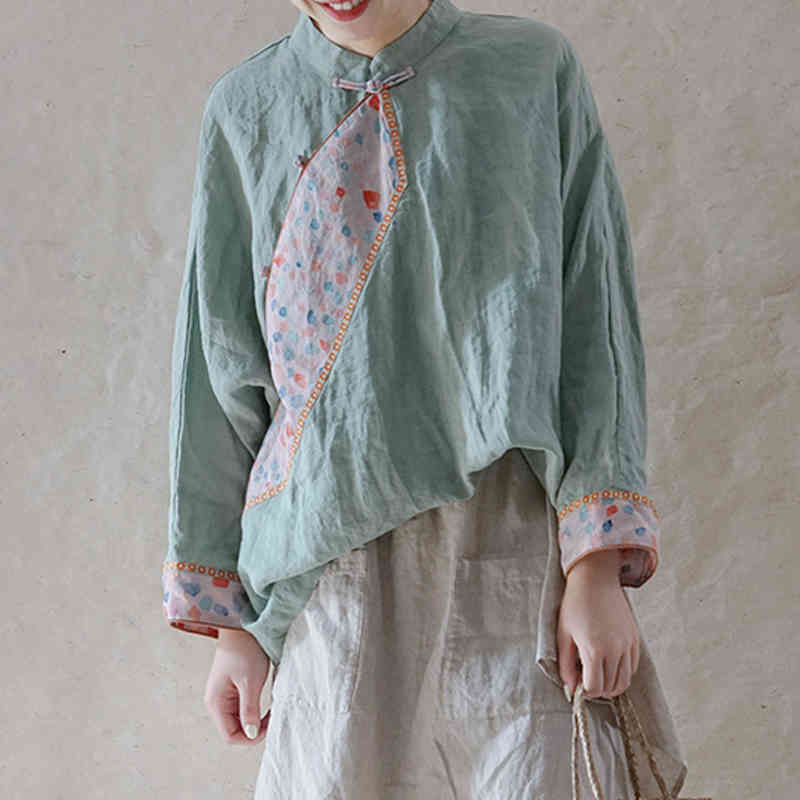 

Johnature Women Vintage Ramie Shirts And Tops Stand Long Sleeve Blouses Summer Chinese Style Patchwork Quality Shirts 210521, Multi