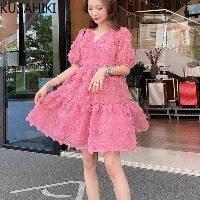 

Summer Sweet Sets 3D Floral Puff Sleeve V-neck A-line Dress + Basic Sling Dresses Korean Woman 2piece Suits 6H458 210603, Rose red