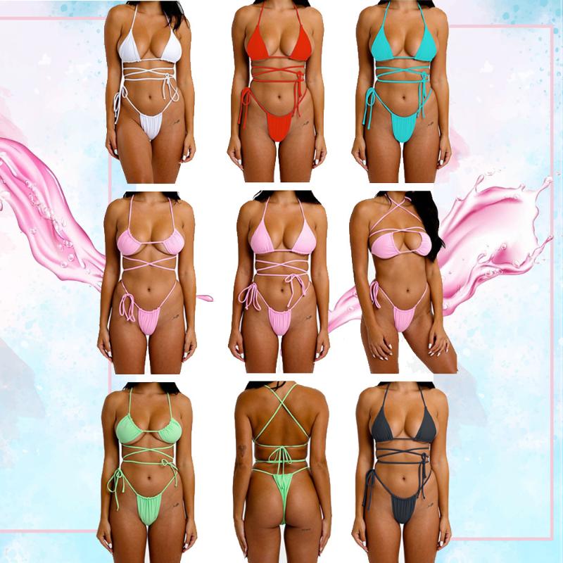 

Women's Swimwear Bikini Sexy Triangle Adjust Women Bathing Suit Hollow Out Quality Pleated Swimsuit Female Double-Sided Set, White;black