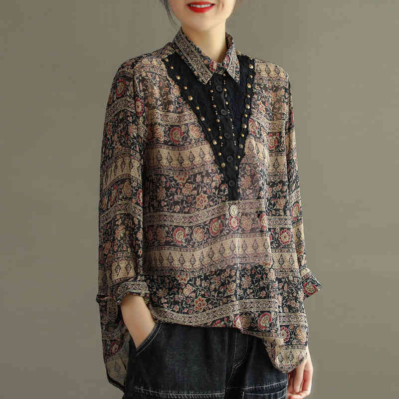

Johnature Women Vintage Embroidery Shirts Chiffon Print Floral Blouses Spring Turn-down Collar Loose Female Shirts 210521, Black