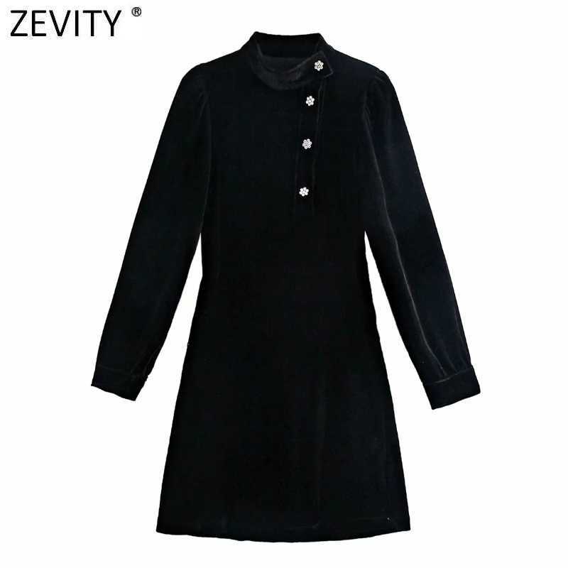 

Zevity Women Stand Collar Diamond Buttons Decoration Casual Slim Black Velvet Dress Female Chic Party A Line Vestido DS5051 210603, As pic ds5051she
