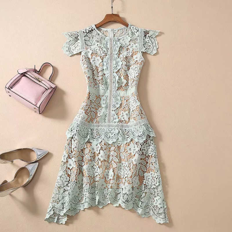

HIGH QUALITY est Paris Fashion Designer Dress Women' Ruffle Guipure Lace 210526, Blue