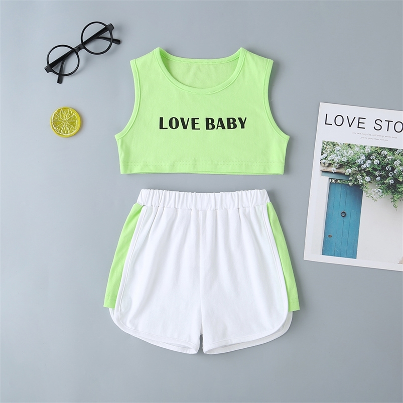 

Summer Children Sets Casual Cute Sleeveless O Neck Letter Tops Patchwork Shorts Baby Girl And Boys Clothes 210629, Green