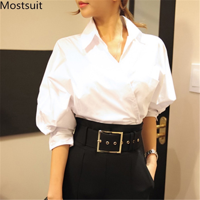 

Stylish Fashion Designer White Korean Blouses Shirts Women Lantern Sleeve V-neck Buttons Office Elegant Tops Blusas 210518