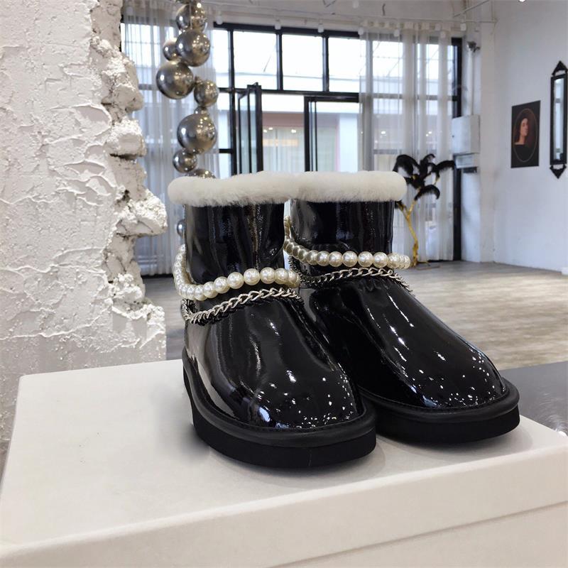 

Boots Winter Snow Women Ankle Soft Patent Leather With Wool Inside Casual Warm Ladies Shoes Pearl Zapatos De Mujer, As pics