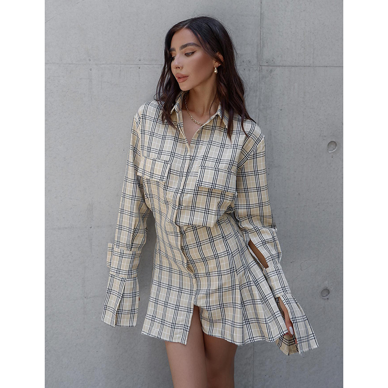 

2021 dress for women plaid shirt pleated waist french ruffled women robe dress, Black;gray