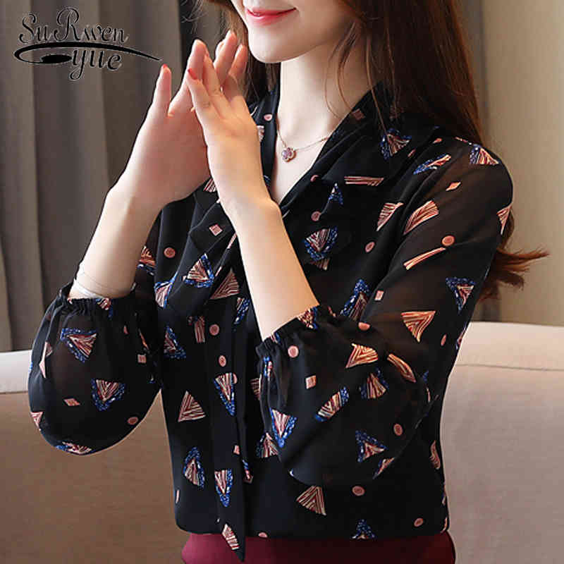 

Fashion Autumn Chiffon Elegant Women Tops Long Sleeve V-neck Party Clothing Ruffle Casual Blouse 5373 50 210521, Black