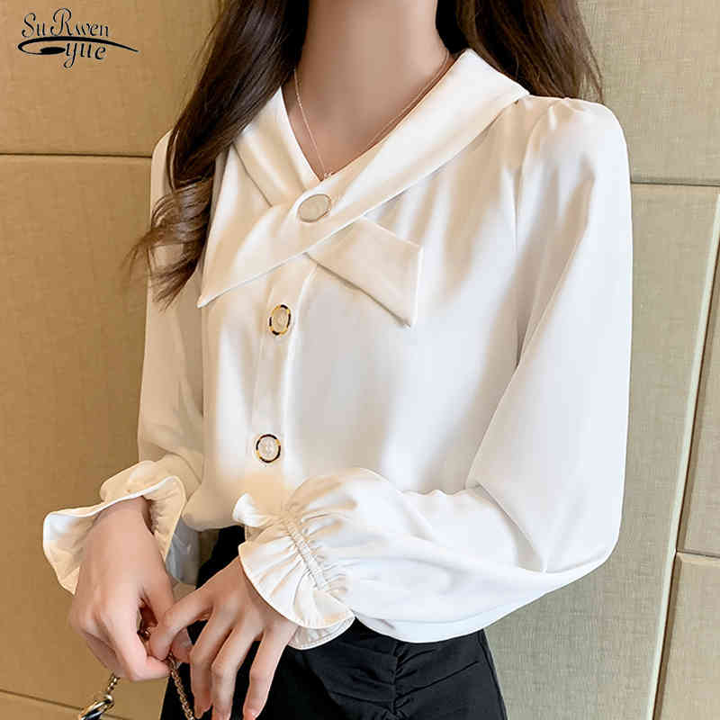 

Autumn Flare Long Sleeve White Chiffon Blouse Women Office Lady V Neck Button Cardigan Women Shirt Plus Size Blusas 10574 210518