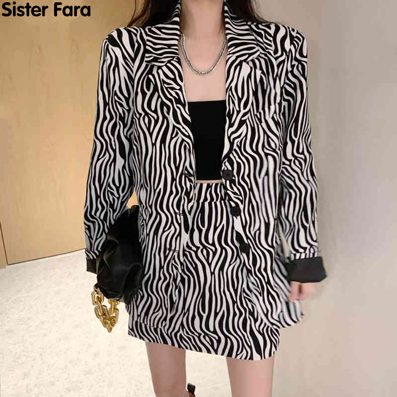 

Sister Fara New Spring 2021 Woman Zebra Print Blazers +High Waist Sheath Slim Sexy Mini Skirt Office Lady Autumn 2 Pieces Set, White;black