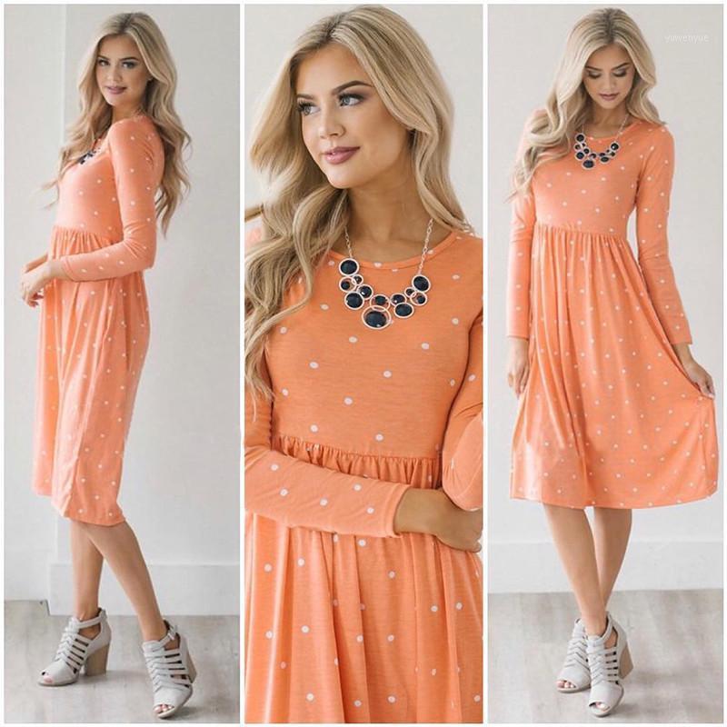 

Casual Dresses Vintage Dress Women 2021 Korean Autumn Long Sleeve O-neck Vestidos Female Elegant Ladies Dot Print Knee-Length Boho, Blue