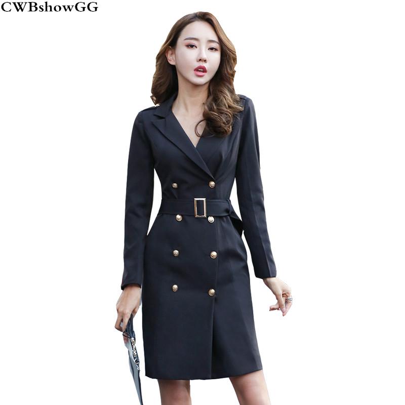 

Casual Dresses CWBshowGG Autumn And Winter Women' Korean Version Of The Professional Double-breasted Slim Long-sleeved Bodycon Mini Dress, Black