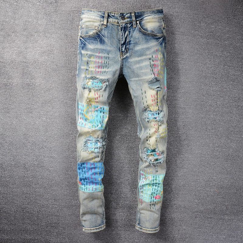 

Cashew Flower Patch Pant Beggar Jean Patchwork Jeans For Men High Street Knife Cut Heavy-Duty Erosive Motorcycle Pant, Blue
