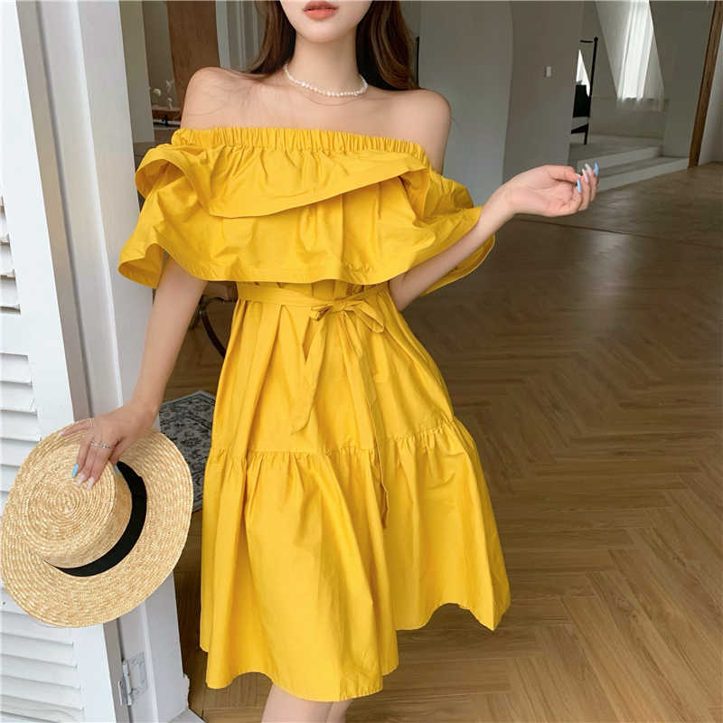 

Summer Boho Dress Women Sexy Slash Neck Off Shoulder Ruffles Casual Lace Up Beach Mini Female 210526, Photo color