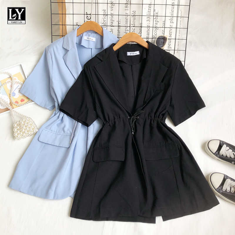 

LY VAREY LIN Summer Women Casual Loose High Waist Solid Color Suit Coat Shirt Office Lady Notched Short Sleeve Drawstring Shirts 210526, Black