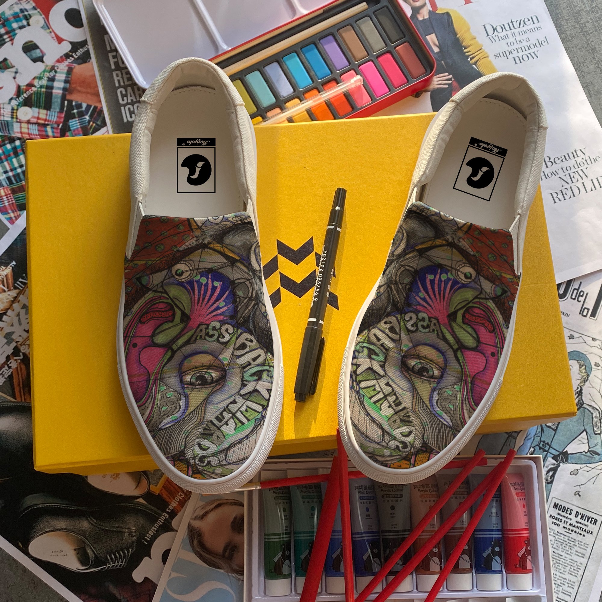 

Men casual Slip-On Canvas Sneaker Oil painting Custom Own Shoes handmade flat rubber sole yellow all-match fashion shoes YH00161, Grey